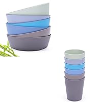 HM-tech 6pcs Bamboo Kids Bowls (20 fl oz) for Baby Feeding and 6pcs Bamboo Kids Cups for Baby feeding, Toddler cups for Drinking