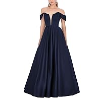 Satin Prom Dress V-Neck Long Ball Gown Off Shoulder A-Line Evening Dresses Navy