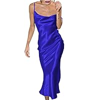 xxxiticat Women's Sleeveless Spaghetti Strap Satin Dress Cocktail Beach Evening Party Cowl Neck Back Tie Up Maxi Dresses