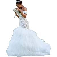 Women's Mermaid Wedding Dresses for Bride Off Shoulder Ruffles Train Lace Bridal Ball Gowns Plus Size