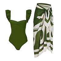Womens 2 Piece Swimsuit with Cover Ups Set Retro Floral Print One Piece Swimwear Sarong Summer Holiday Outfit