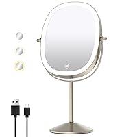 FUNTOUCH Lighted Makeup Mirror, Oval 1X/7X Magnifying Mirror with Light, 360° Rotation Touch Screen Vanity Mirror, 3 Color Option Dimmable Double Sided Rechargeable Makeup Mirror with Magnification