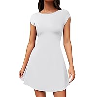 Women's Cap Sleeve Dress Summer Trendy Solid/Print Crew Neck Mini Dress Casual Curved Hem Beach T Shirt Dress