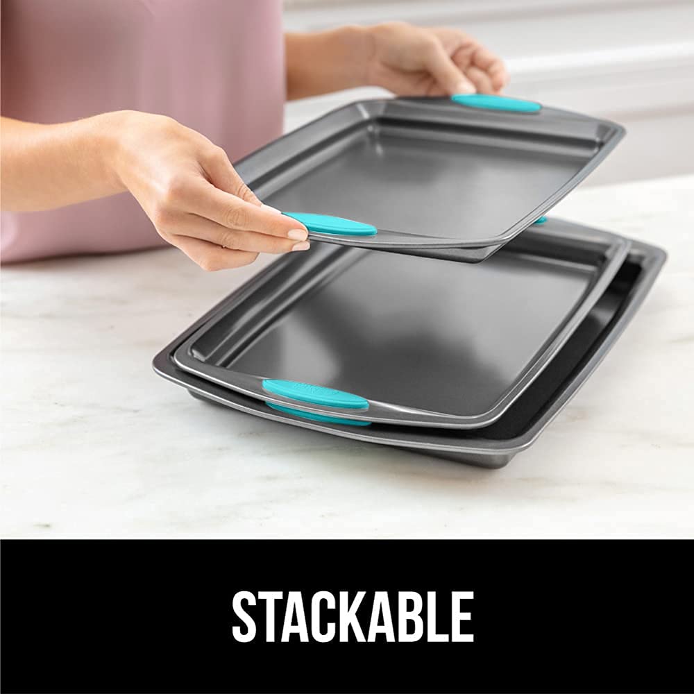 Gorilla Grip Non Stick Jelly Roll Baking Pans, Thick Warp Proof, 3 Piece, Durable Silicone Handles, Kitchen Oven Pan Bakeware Set, Cooking, Roasting Sets, Easy Clean, Set of 3, Turquoise