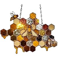 Bee Suncatcher Stained Window Hangings Suncatcher, Handcrafted Resin Honeycomb Ornament Garden Window Wall Decor Honeycomb Suncatcher for Mom for Grandma Birthday Gifts (9.4×9.4inch)