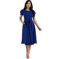 Women's Plain Puff Sleeve Midi Cocktail Pockets for Party, Formal and Casual Dresses