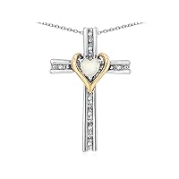 10k Yellow Gold Two Tone Love Cross with Heart Stone Pendant Necklace