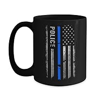 Police Coffee Mug with Thin Blue Line Flag, Black Coffee Cup for Police in American Flag Design Blue Stripe