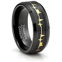Metal Masters Co. Tungsten Carbide Mens Ring Wedding Band Black Gold-Tone Heart Beat Carbon Fiber Inlay 8MM Comfort-Fit Black