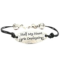 Half My Heart Is Deployed with Hearts Pewter Plate Black Waxed Cord Bracelet, 2.5