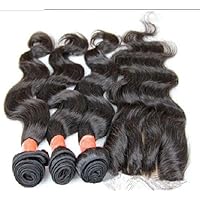 Hair 7A Cambodian Virgin Remy Human Hair Lace Closure With Bundles 3 Part Closure Body Wave Natural Color 18