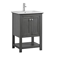 Fresca Manchester 24 Inch Regal Gray Wood Veneer Bathroom Open Vanity with Storage Shelf - Quartz Countertop & Ceramic Sink with Cabinets - Faucet Not Included