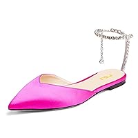 FSJ Women Pointed Toe D'Orsay Ballet Flats Rhinestone Crystal Chain Ankle Strap Low Heels Comfortable Wedding Work Casual Dress Shoes Size 4-16 US