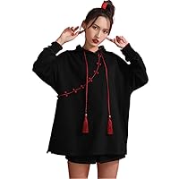 Women Hooded Sweatshirt Qipao Dress Black Solid Casual Drawstring Pullover Hoodies Winter Chinese Style Tops