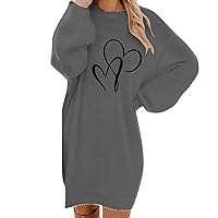 Crewneck Plush Sweater Dress for Women Heart Print Fuzzy Knit Tunic Dresses Trendy Cozy Lantern Sleeve Midi Dress