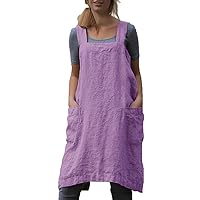 Cotton Linen Apron Cross Back Apron for Women with Pockets Pinafore Dress for Baking Cooking, Purple