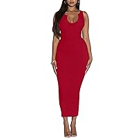 Women's Summer Bodycon Maxi Dress - Casual Basic Club Party Ribbed Long Tight Tank Dresses