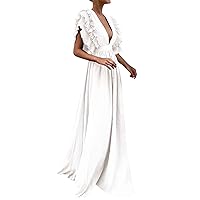 XJYIOEWT Summer Dresses for Women 2024 Maxi Petite, Women Wrap V Neck Ruffle Sleeve Tiered Midi Dress Tie Waist A Line