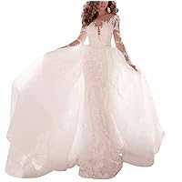 Women's White Lace Mermaid Wedding Dresses Long Sleeves Applique Bridal Gowns with Detachable Skirt