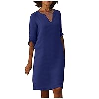 Women's Summer Clothes Retro Solid Color Cotton Linen V-Neck Half Sleeve Dress Light Breathable Dresses 2023