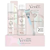 For Pubic Hair And Skin Womens Shaving Kit, Bikini Razors for Women, 1 Venus Handle, 2 Razor Blade Refills, 2 in 1 Cleanser And Shave Gel, Daily Soothing Serum For Intimate Grooming