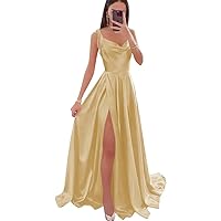 Long Satin Bridesmaid Dresses for Women Cowl Neck Spaghetti Straps with Slit Prom Party Dress RG001