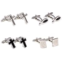 Cross Fish Ichthys Bible Christian 4 Pairs Cufflinks in a Presentation Gift Box & Polishing Cloth