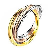 Tri Color Triple Band rolling Ring 18K Gold Plated - 3 Bands trinity interlocking Interlocked Rolling Wedding Band Rings,Tri color:Gold,Silver,Rose