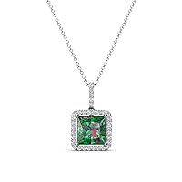 Princess Cut Lab Created Alexandrite & Round Diamond 1.93 ctw Women Halo Pendant Necklace 14K Gold