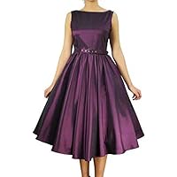 (XS or MD) Audrey - Dark Purple 40s 50s Lindy Hop Retro Belted Satin Prom Dress