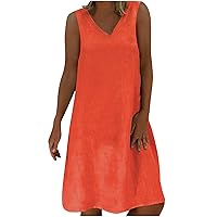 Cotton Linen Dresses for Women Casual Summer V Neck Sleeveless Tank Dress Solid Color Short Mini Dress Loose Beach Sundress