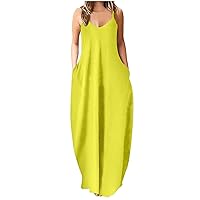Women's Bohemian Maxi Dresses with Pockets, Summer Sexy Spaghetti Strap V Neck Plain Casual Long Dresses