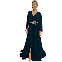 Women's Chiffon Prom Dresses Cape Sleeves V Neck Applique Long Mother Formal Evening Gown Whit Split Slit