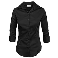 NE PEOPLE Button Down Shirt - Women's 3/4 Sleeve Roll Up Stretch Collar Office Work Formal Casual Basic Blouse Top (S-6XL)