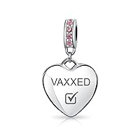 Vaccinated Initial Crystal Accent Heart Tag Vaccination Shot Message Awareness Jewelry Dangle Charm Bead For Women .925 Sterling Silver Fits European Bracelet Simulated Birthstone Colors