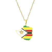 Zimbabwe Map and Flag Pendant Necklace - Drop Oil Map World Map Clavicle Chain Ethnic Style Unisex Patriotic Charm