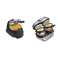 Hamilton Beach 26031 Belgian Waffle Maker with Removable Nonstick Plates, Single Flip, Ceramic Grids, Black & Dual Breakfast Sandwich Maker with Timer, Silver (25490A)