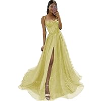 Sparkly Tulle Prom Dress 2024 for Teens Spaghetti Strap Laces Appliques Princess Evening Dress with Side Split