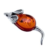 Amber Sterling Silver Mouse Brooch Pin