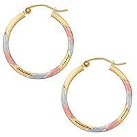 14k REAL Tricolor Yellow and White and Rose/Pink Gold 25MMx3.0 Thickness Classic Round Tube Hoop Earrings with Snap Post Closure For Women