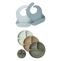 KeaBabies 2-Pack Baby Silicone Bibs and Suction Plates for Baby, Toddler - Waterproof, Easy Wipe Silicone Bib for Babies - 3-Pack 100% Silicone Divided Baby Plates with Suction, BPA Free Plates