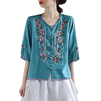 Linen Lace Women Thin Shirts Tops V-Neck Half Sleeve Blouses Summer Button Chinese Style Loose Pullover