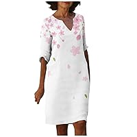Summer Linen Dress Linen Dress for Women Summer Casual Print Straight Loose Fit Fashion with Half Sleeve V Neck Knee Dresses White X-Large