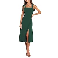 AIMCOO Tie Shoulder Square Neck Casual Dress with Pockets Floral A Line Side Slit Solid Summer Midi Dresses for Women 2024