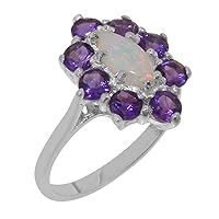 Real Solid 9k White Gold Natural Opal & Amethyst Womens Engagement Ring - Size 6.25