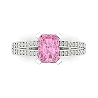 2.67ct Emerald Cut Solitaire with Accent split shank Pink Simulated Diamond designer Modern Statement Ring 14k White Gold