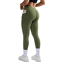 SUUKSESS Women V Back Workout Leggings with Pockets High Waisted Gym Yoga Pants