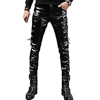 Men`s Rock Steampunk Lace Up PU Leather Pants Slim Fit