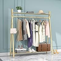 Clothes rack Gold, Freestanding Industrial Garment Rack with Double shelves Multi-functional Bedroom Hanging Clothing Rack,Heavy Duty Movable Coat Rack for Organizing Clothes and Shoes (47'' L)