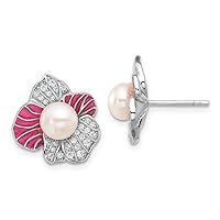 925 Sterling Silver Rhodium Plated Pink Enamel 6 7mm Fwc Pearl CZ Cubic Zirconia Simulated Diamond Flower Earrings Measures 16.5x15.5mm Wide Jewelry for Women